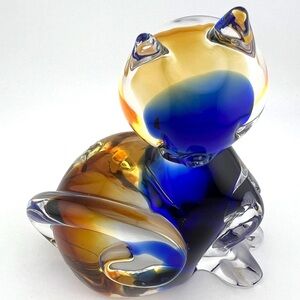 Vintage Signed Rubelli Murano Art Glass Cat Cobalt Blue & Amber Swirl Limited Ed
